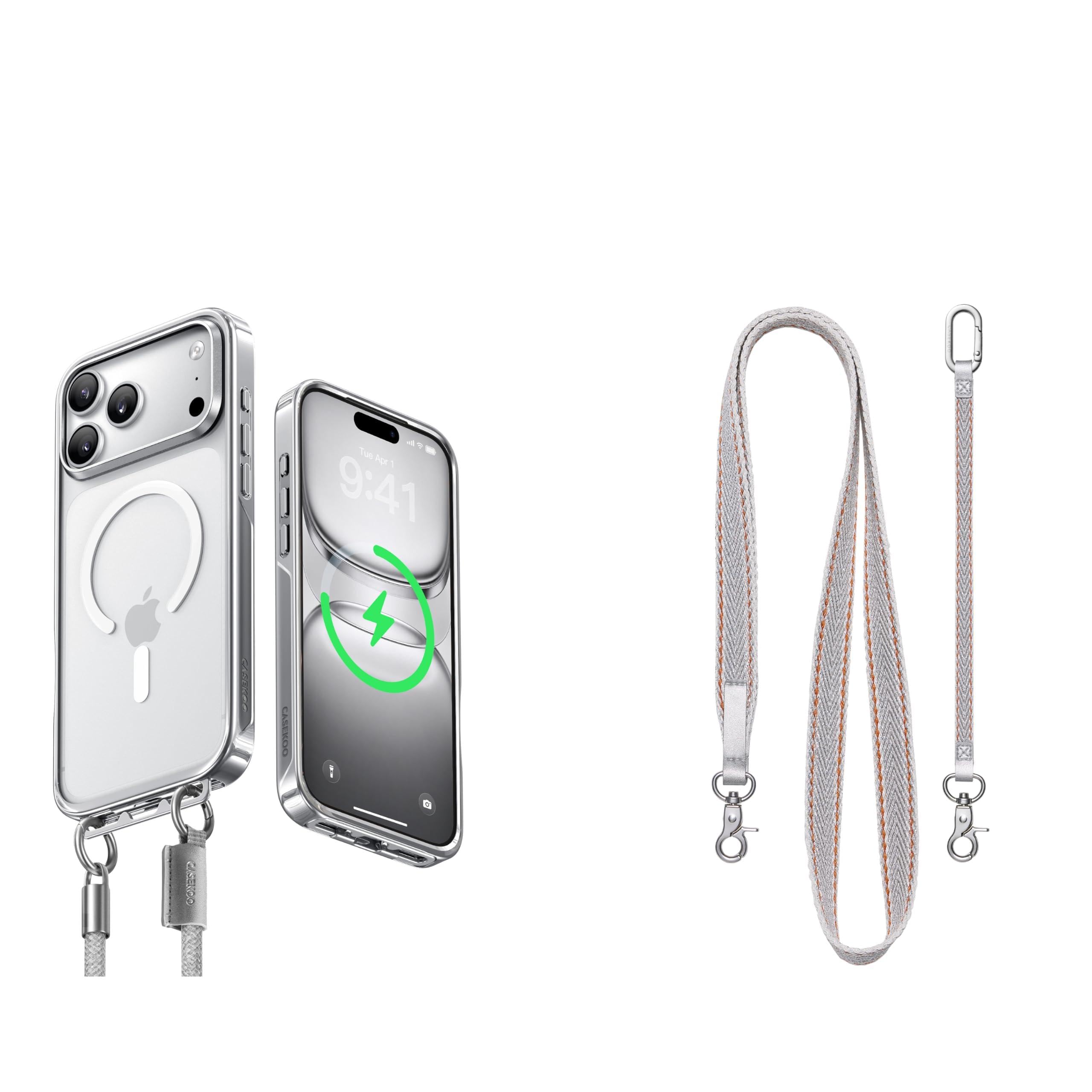 CASEKOO Linkoo iPhone 17 Pro Hülle mit Handykette Bundle, MagSafe Handyhülle mit ClipSafe Klapp-Clip + Luxury Handyband zum Umhängen, 3-in-1 Anti-Verlust Lanyard, Silber