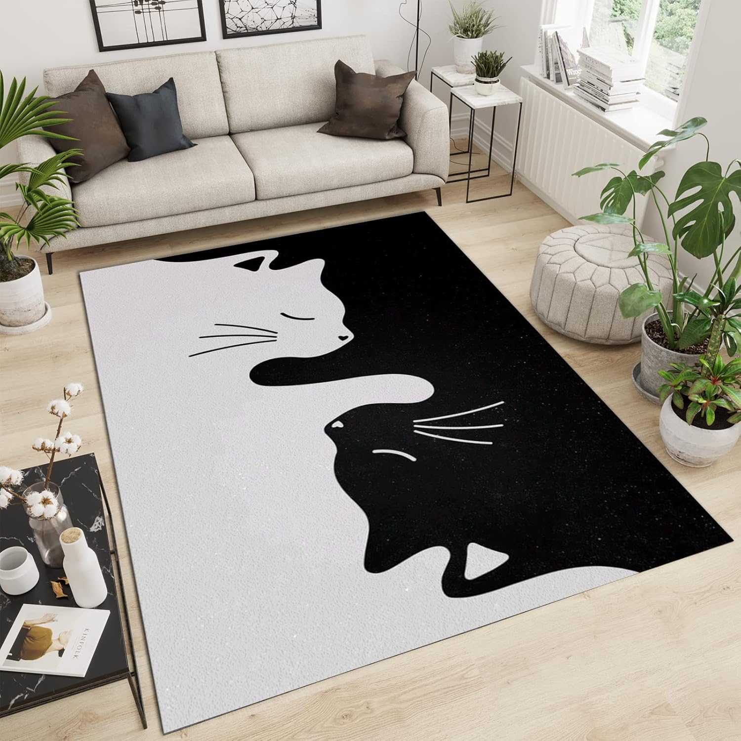 SEALFO Cute Black and White Animals Area Rugs, Cat Love