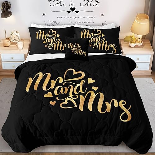 Sleepwish Juego de edredón para él y ella tamaño King Mr Mrs para parejas, juegos de ropa de cama King Queen de 4 piezas, juegos de ropa de cama