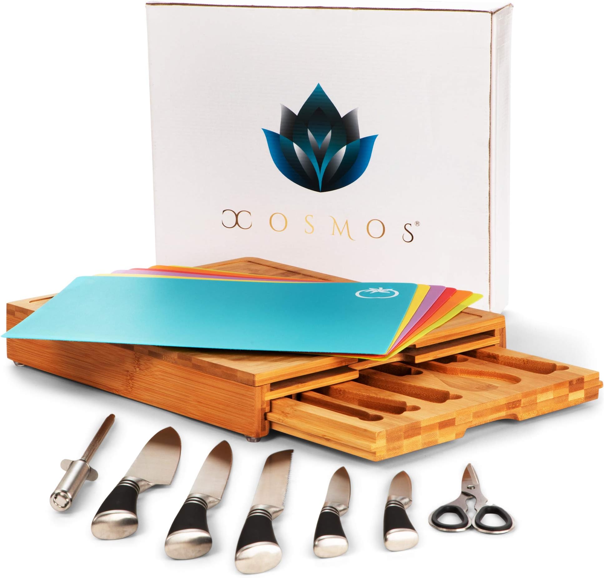 XOSMOS Professional Bamboo Cutting Board with Durable 7 Piece Knife Set and BPA-free Mats - Premium Chopping Boards, Space Saving Butcher Blocks - Kitchen Accessories, Multifunctional