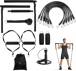 Kit Gimnasio en Casa con Bandas de Resistencia Musculación - 6 Gomas Elásticas Fitness con Barra, Comba y Accesorios – Set Entrenamiento Fuerza, Cardio y Calistenia - Incluye Correas Tobillo
