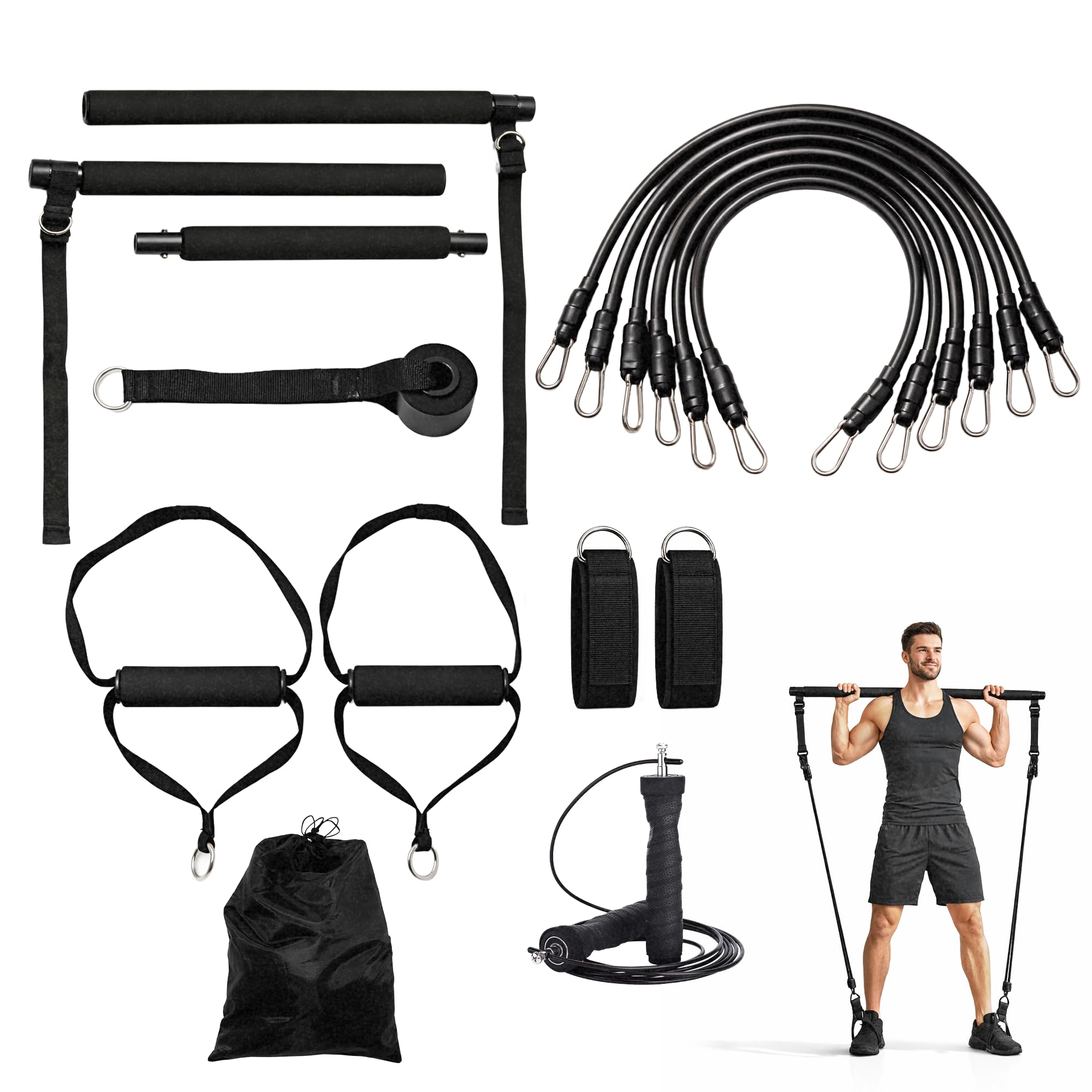 Kit Gimnasio en Casa con Bandas de Resistencia Musculación - 6 Gomas Elásticas Fitness con Barra, Comba y Accesorios – Set Entrenamiento Fuerza, Cardio y Calistenia - Incluye Correas Tobillo