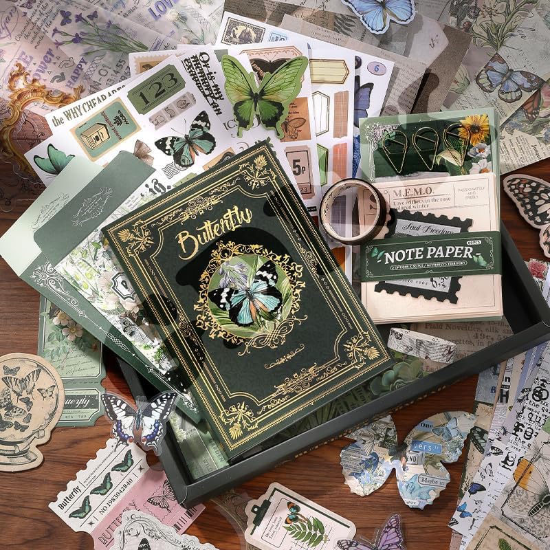 Image of GDNK Scrape Book Kit Scrapbooking Kit Vintage Journal Scrapbook Pack DIY Paper Stickers, Craft Kits Notebook, Collage Album Aesthetic Sticker Journaling Scrapbook Photo Album (Green Butterfly)