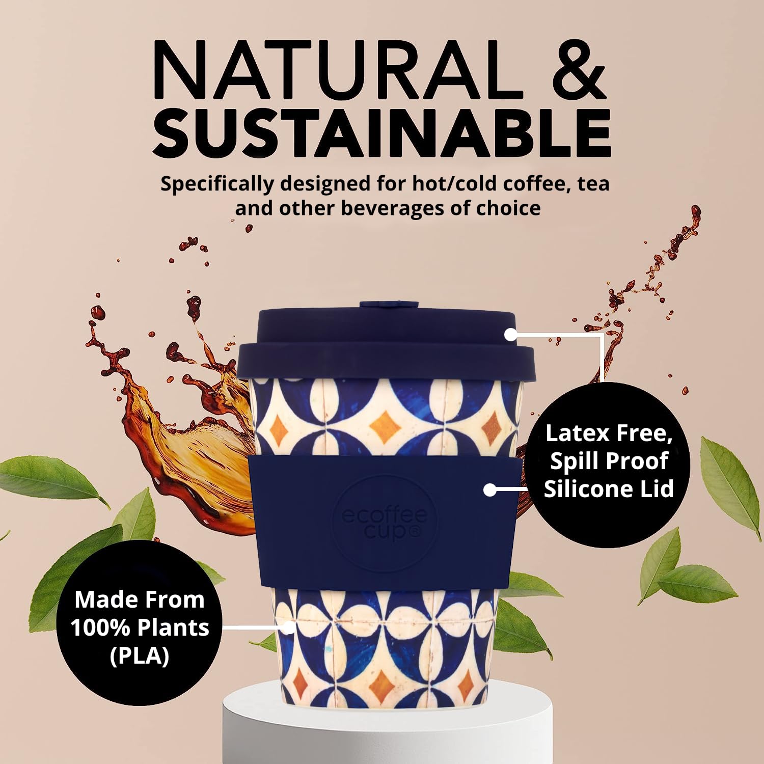 Ecoffee Cup 12oz 350ml Reusable Eco-Friendly 100% Plant Based Coffee Cup with Silicone Lid & Sleeve - Image 4