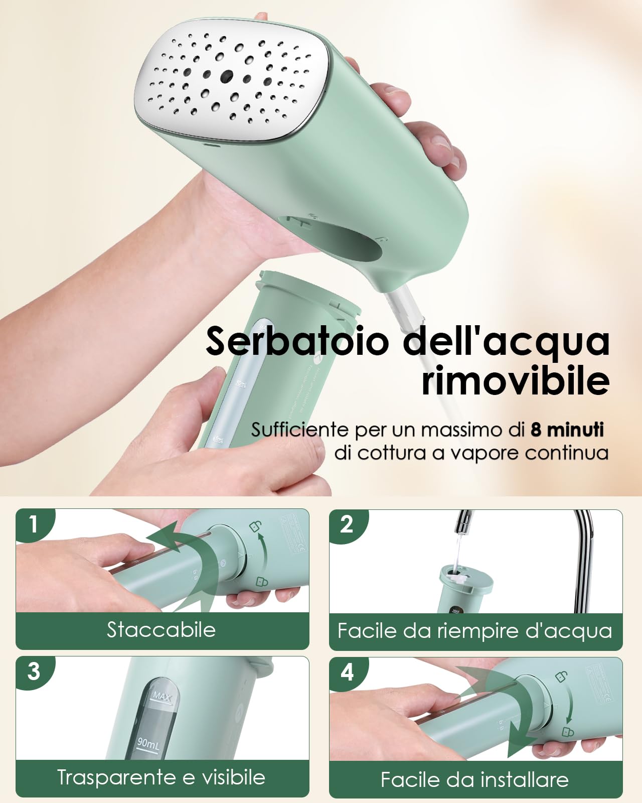 HOMEASY Ferro da Stiro Verticale Leggero, Stiratrice a Vapore 110ml Serbatoio Removibile 800W, Riscaldamento Rapido in 45s per la Vita Quotidiana e i Viaggi (Verde) | Stiratrice a Vapore, Serbatoio 110ml Removibile, Riscaldamento Rapido in 45s, Casa e Via