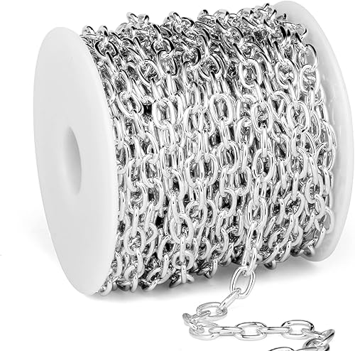 Cadikez - 33 pies de cadenas de cable rolo de plata, 5 mm de aluminio chapado en plata, cadena de eslabones ovalados en O, en rollo a granel para