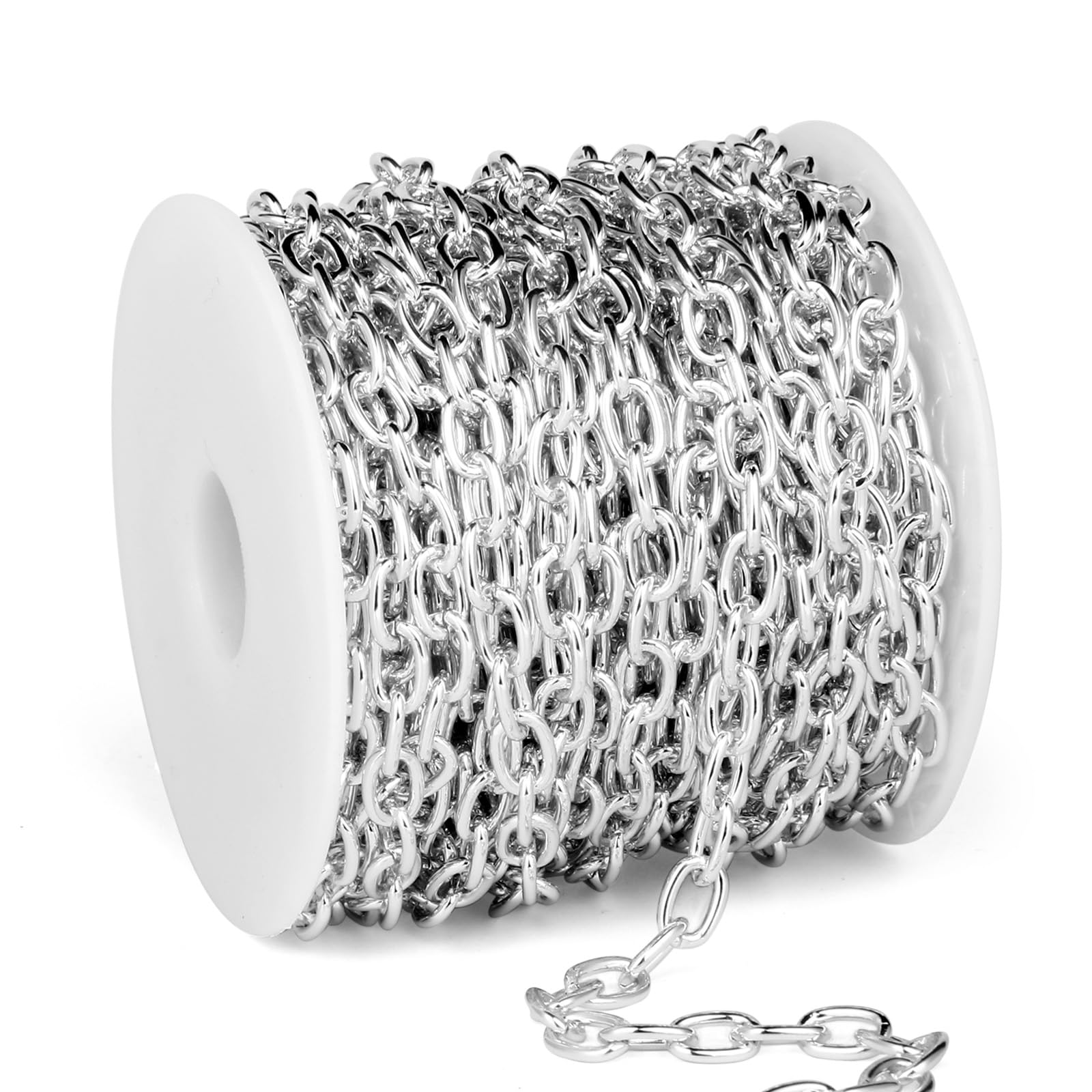Rotolo di catena rolò in argento da 9,5 m, per la creazione di gioielli fai da te | Cavo in alluminio placcato argento leggero O Link Catene bobina per collana braccialetto