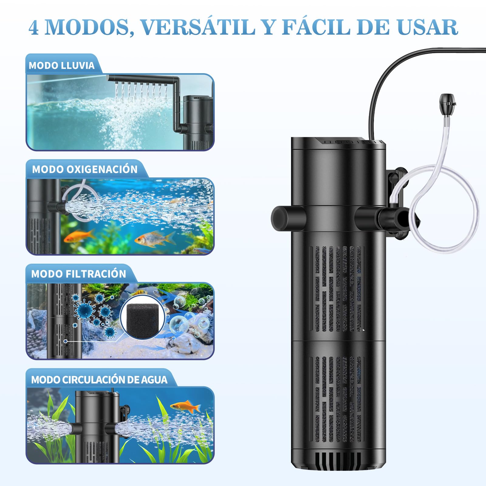 Filtro Interior Acuario, 12W Filtro Pecera Interno Ajustable, 800 L/H Filtro Acuario Bomba Adecuado para Acuarios de Hasta 200L