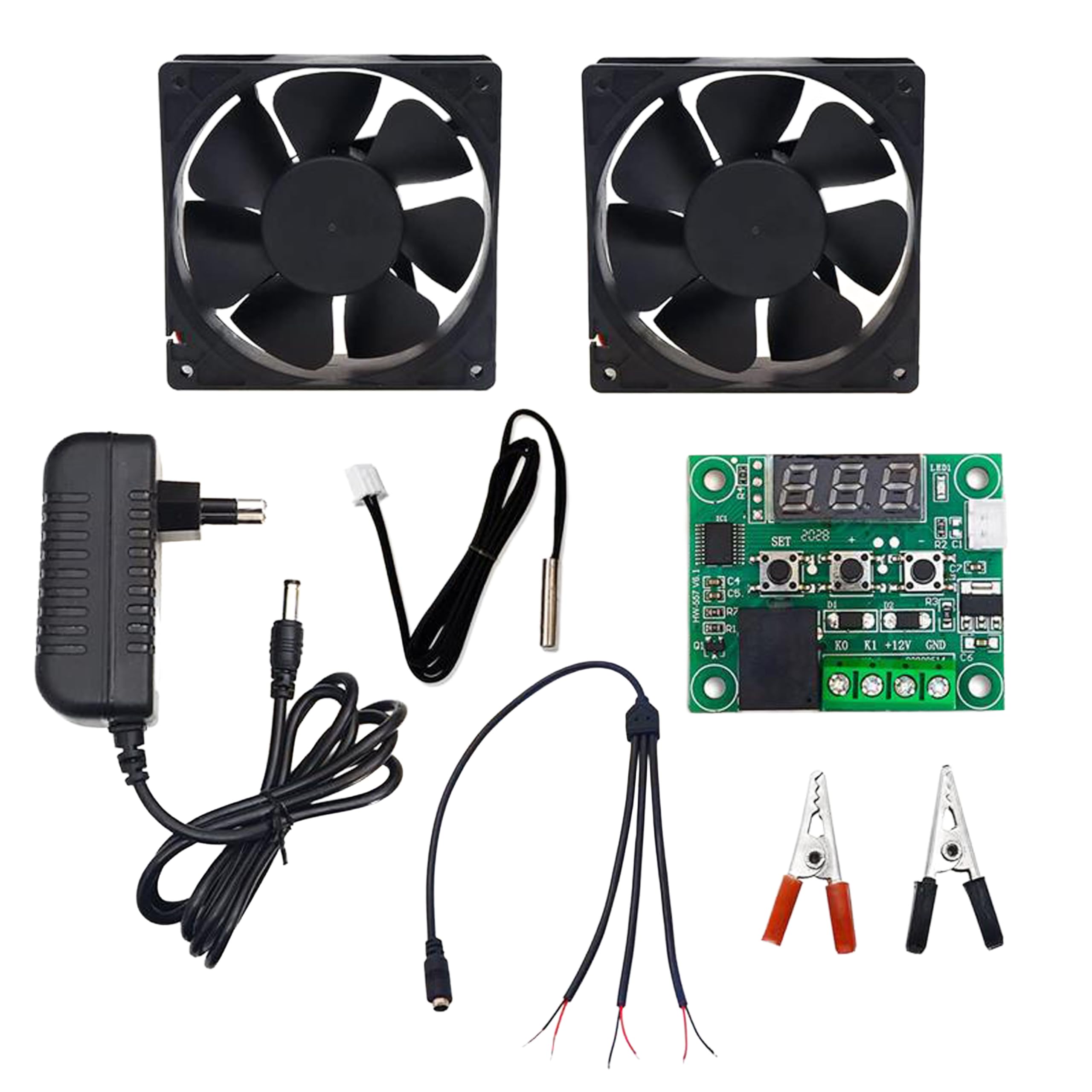 Electronic Spices Combo Of Xh-w1209 Digital Thermostat Temperature Controller Switch Board With Led Display + 2pcs Fan + 12v 1amp Adapter + Dc Splitter Cable + 1pair Clip-image-48