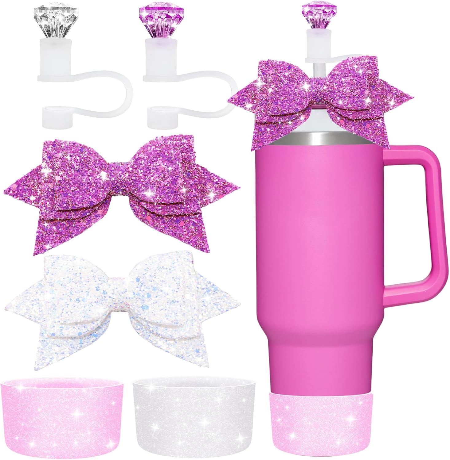 6pcs Diamond Straw Topper Bows Silicone Boot Set for Stanley Cup 40&30oz Silicone Straw Cover for Stanley Cup Accessories Reusable Straw Toppers for Tumblers