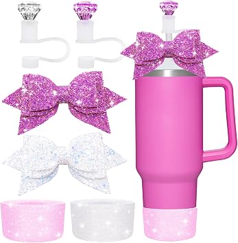 6pcs Diamond Straw Topper Bows Silicone Boot Set for Stanley Cup 40&30oz Silicone Straw Cover for Stanley Cup Accessories Reusable Straw Toppers for Tumblers