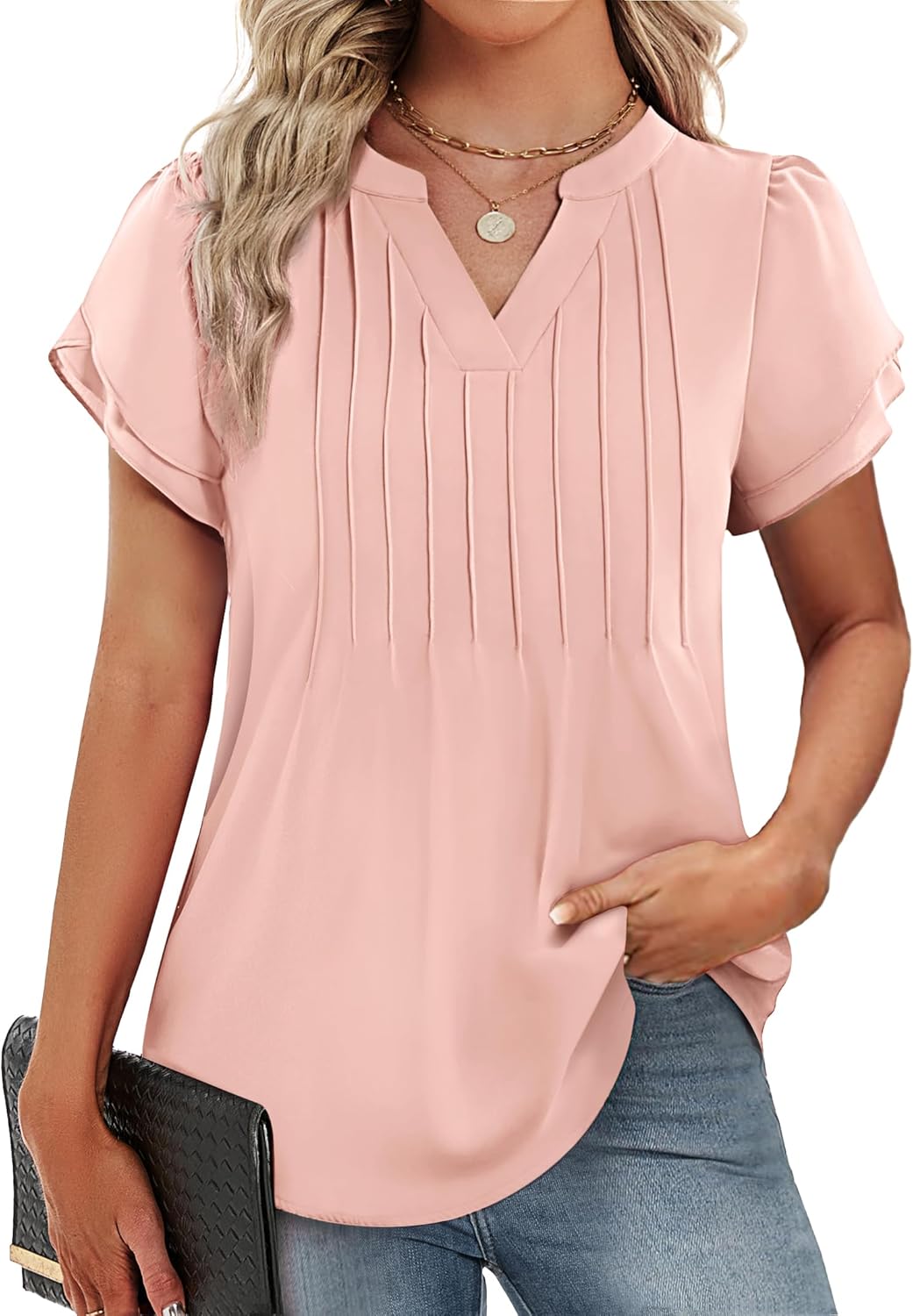Funlingo Womens Tops Short Petal Sleeve V Neck Blouses Fashion 2026 Spring Dressy Casual Pintuck Work Shirt