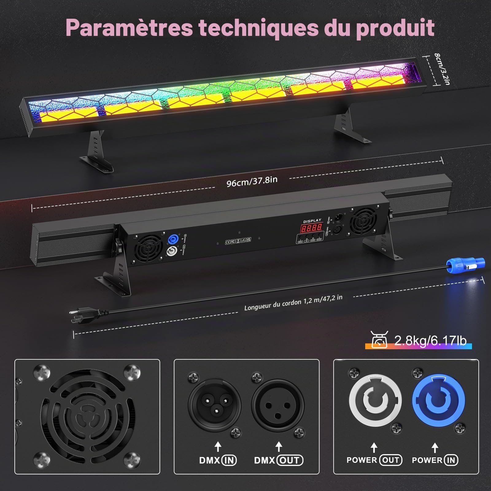 450W LED RGBW Projecteur 6 COB RGB Exterieur Lumière de Scène Stroboscope avec DMX contrôle Barre Wallwasher pour Fête Patio Jardin plein air