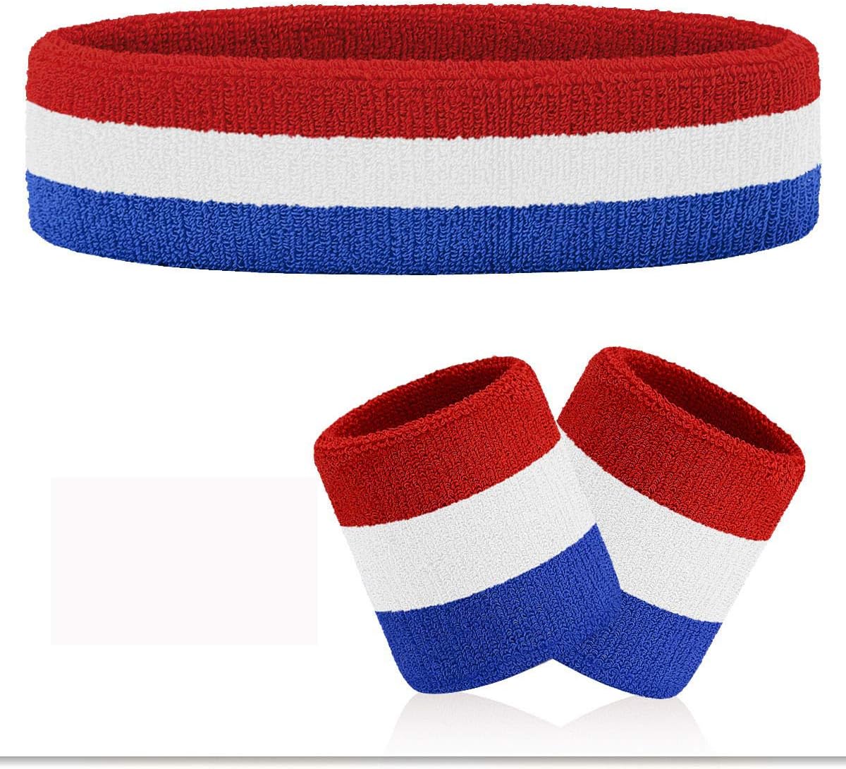 VENI MASEE Sportline Terry Sweatband, Wrist Bands, Sweat Bands Bracelet (Price for single piece), A4-Blue/White/Red(1Headband+2Wristbands)