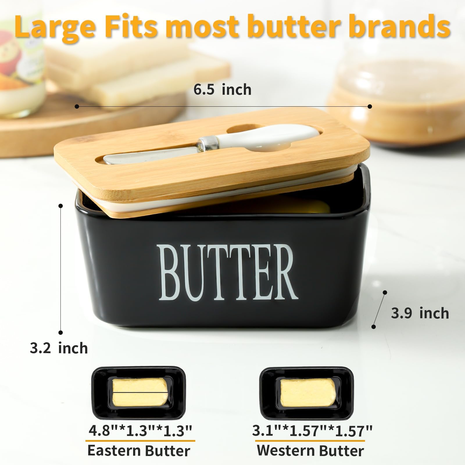 Hasense Ceramic Butter Dish with Lid and Knife, Black
