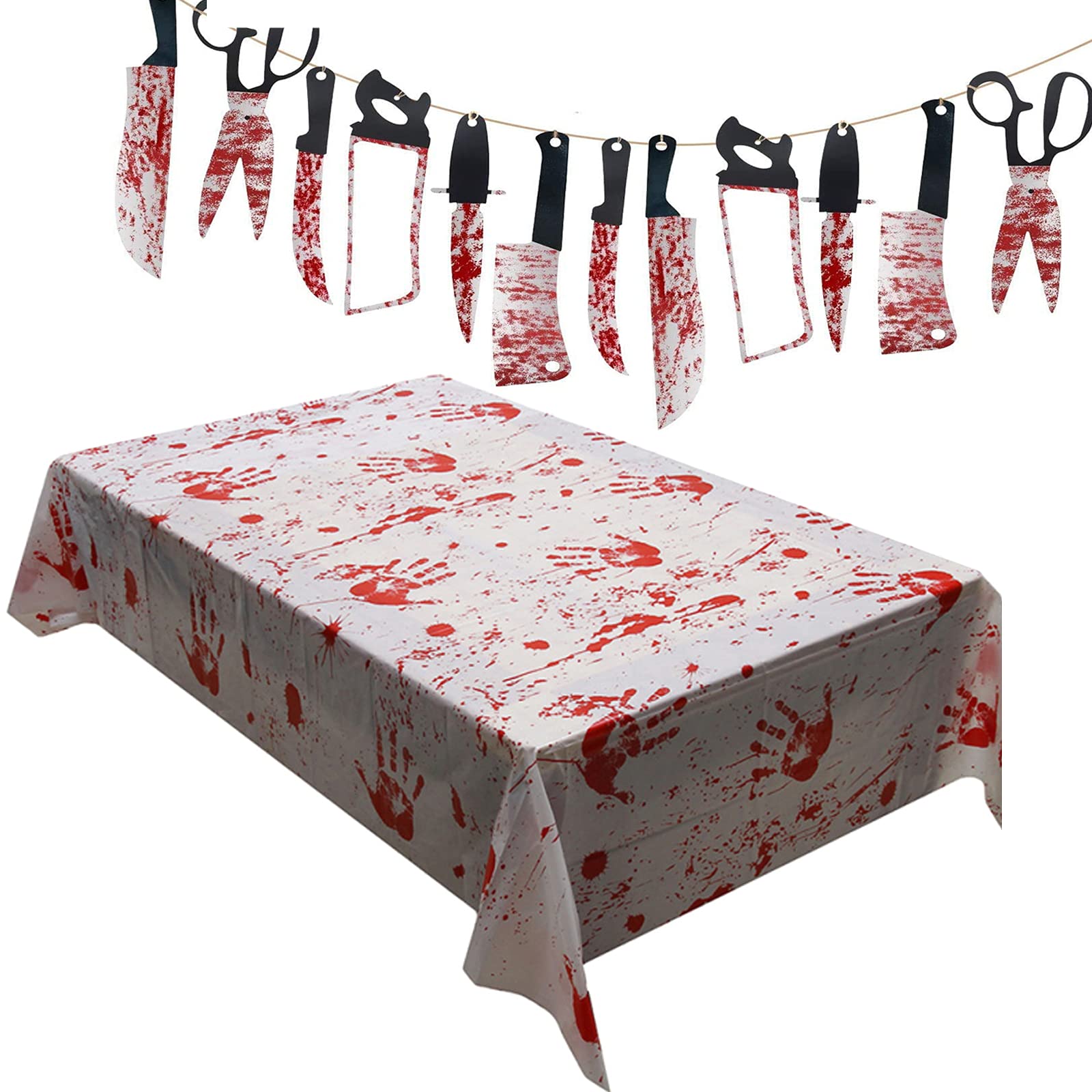 WIWJ Halloween Bloody Handprints Tablecloth House Decoration Horror Bloody Butcher Knife Chainsaw Weapons Hanging Garland Props Banners for Outdoor Indoor Halloween Party