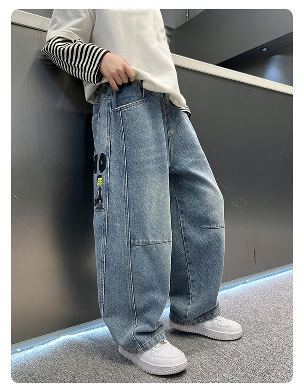Baggy Jeans Niño, Pantalones Vaqueros Holgados para Niño con Corte Recto y Diseño Desgastado
