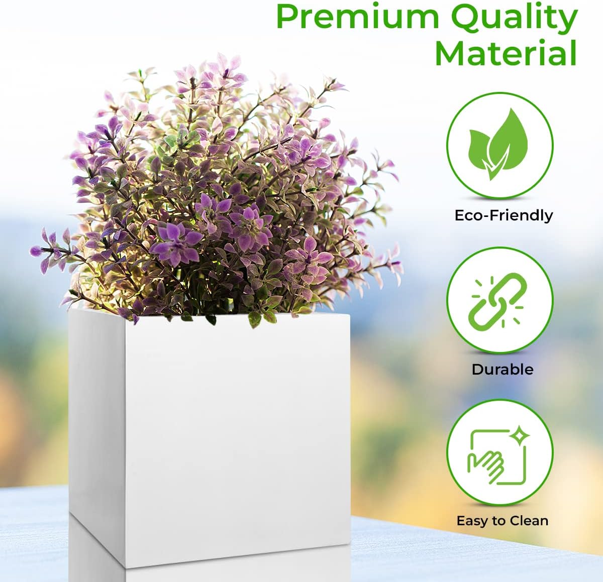 Elegant Modern White Glossy Square Indoor Outdoor Planter Pot – 12”H x 12”W x 12”L - Cube Shaped Flower Pot