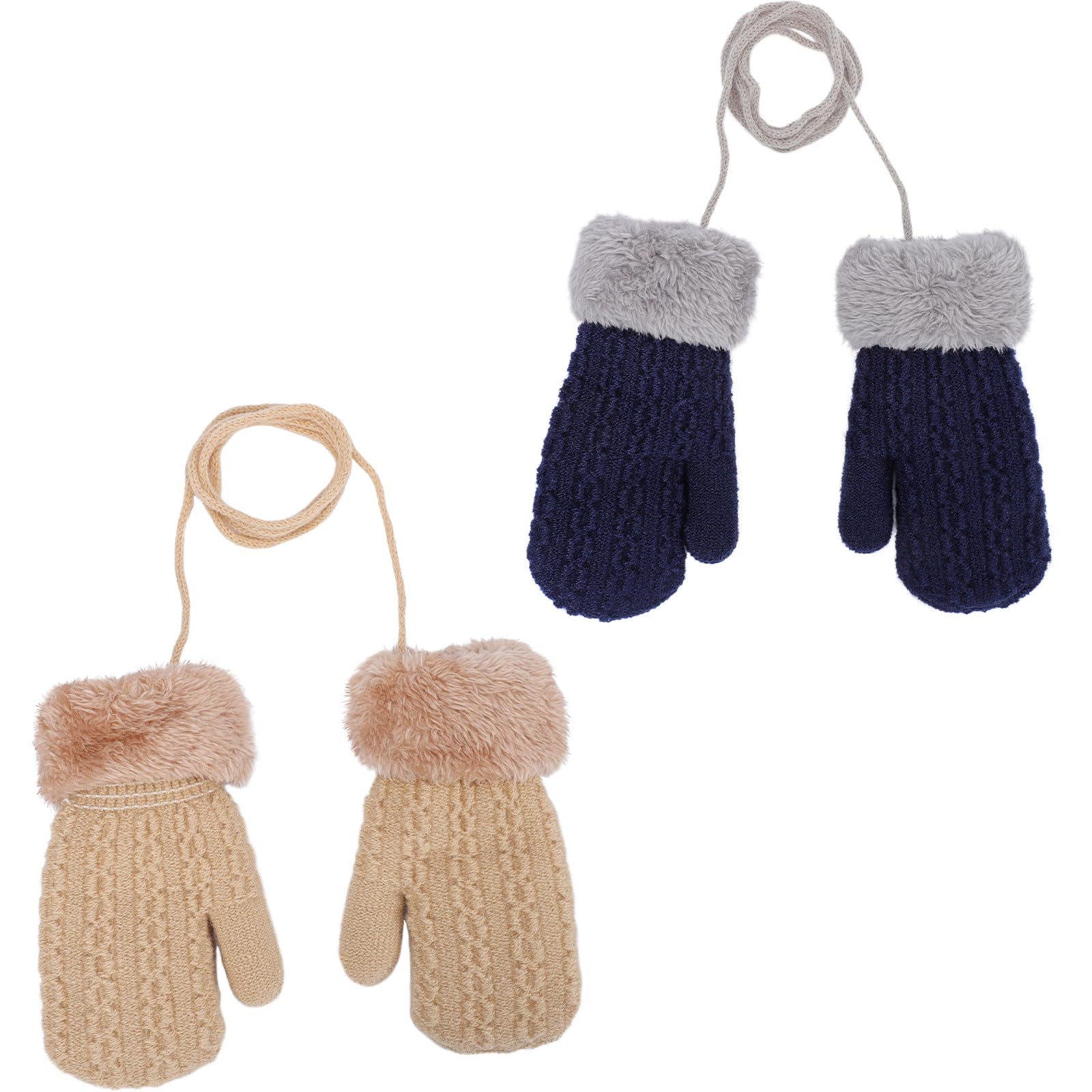 Fjquamitix 2 Pairs Baby Winter Knitted Mittens with String Cute Warm Fleece Lined Gloves Fluffy Mittens for Cold Weather Toddler Girls Boys Age 1-3 Years (Beige+Navy)
