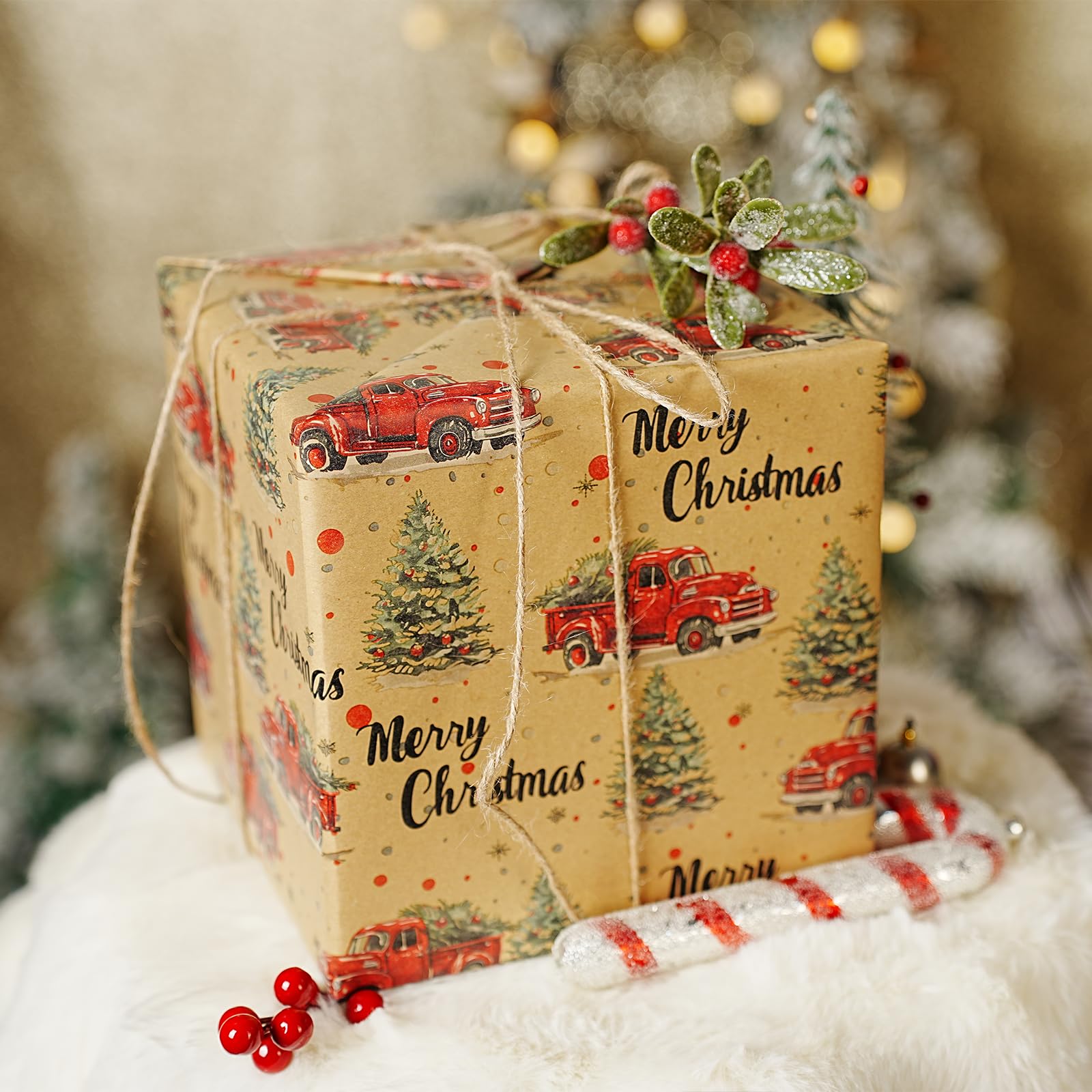 BIOBROWN Wendbares Kraftpapier-Weihnachtsgeschenkpapier, 43,2 x 100 cm, Vintage-Truck-Design, perfekt für Weihnachten, Party, Urlaub, Geschenkpapier