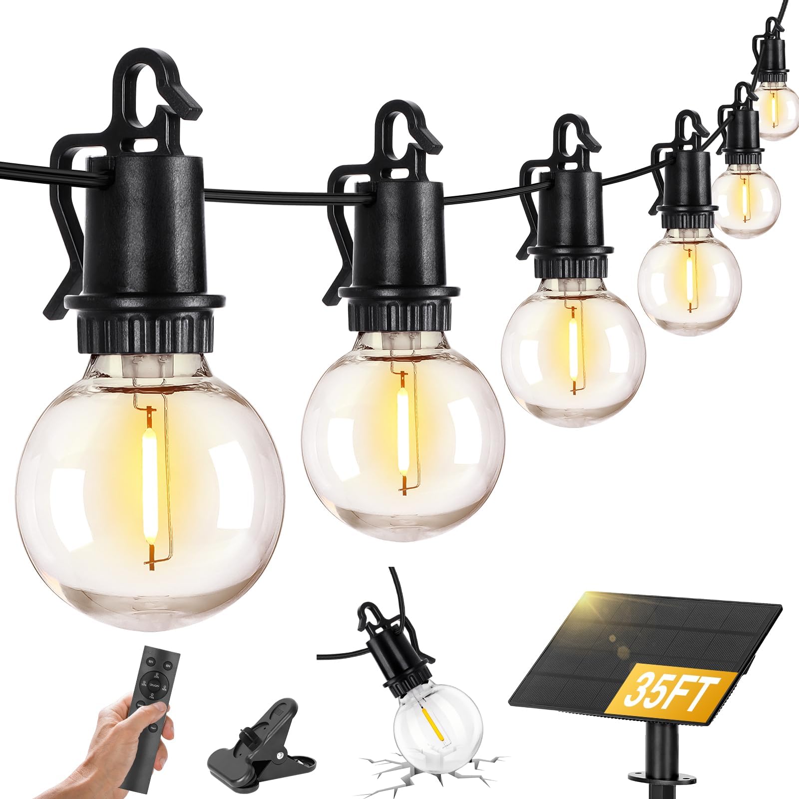 ZJOJO 35FT Solar String Lights Outdoor Waterproof, G40 Globe Patio Lights Solar Powered Outdoor String Lights with 15 2700K Shatterproof Bulbs Hanging Lights for Porch Garden Backyard Pergola Bistro