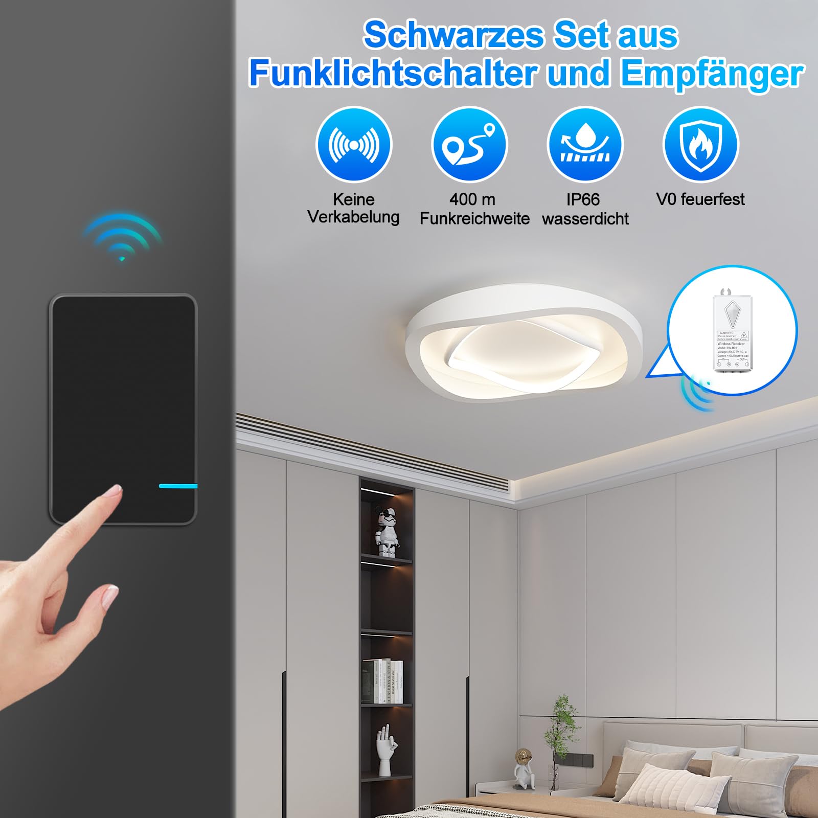 NineLeaf Funkschalter 230V Schwarz,lichtschalter funk ohne Verkabelung,400m Reichweite, Keine Interferenzen,Fernbedienung für Lampen,Deckenleuchten,Ventilatoren,3 schalter 3 Empfänger