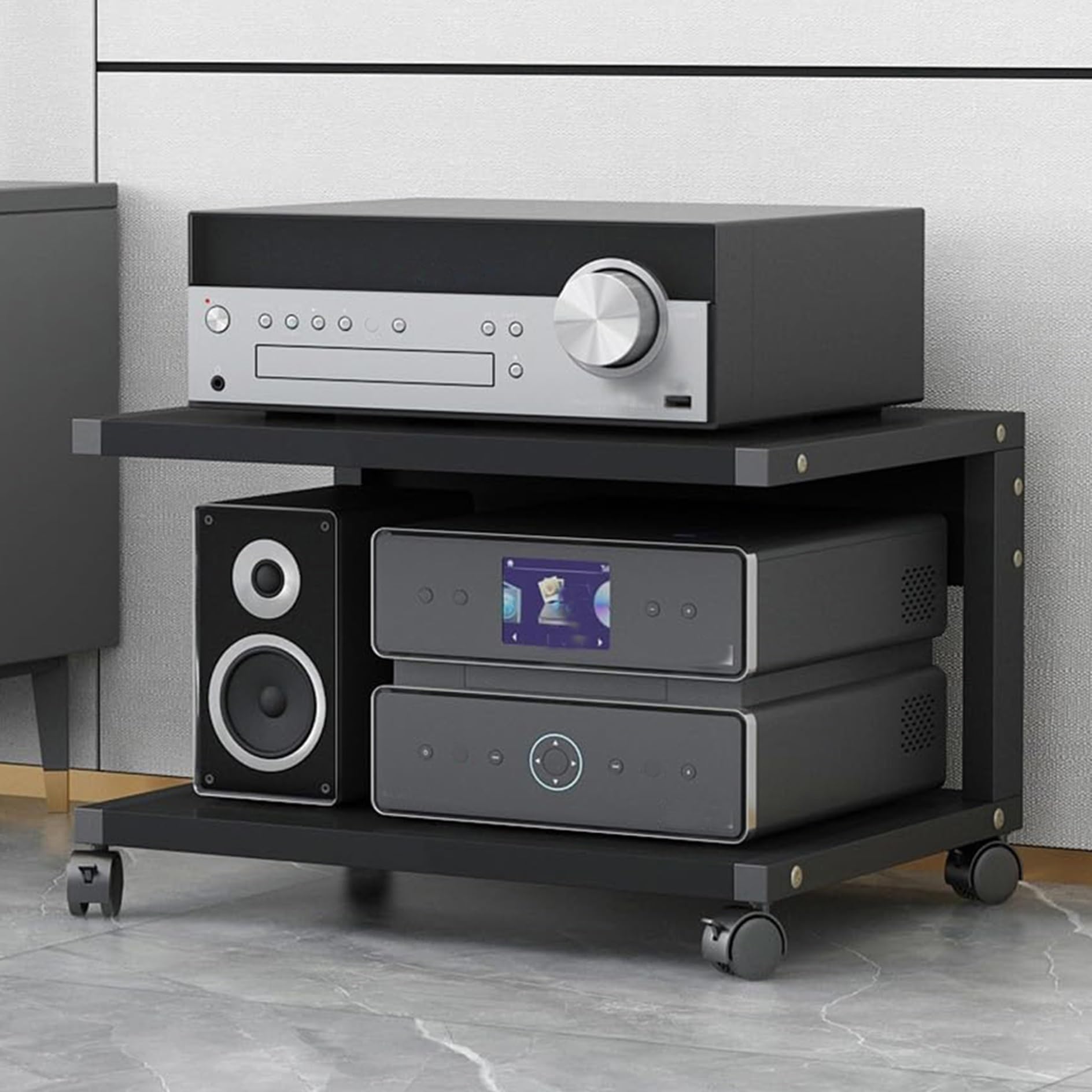 Scaffale AV a 2 livelli, supporto per audio/video, con ruote, per accessori TV, lettore DVD, CD, Xbox, PS5, proiettore