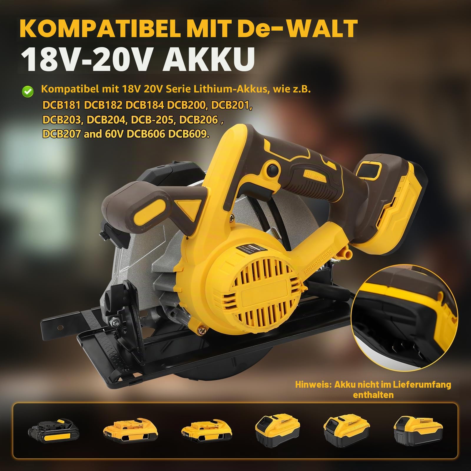 Kabellose Kreissäge kompatibel mit Dewalt 18/20 V Akku, elektrische Kreissäge mit 2 Klingen, 5000 U/min, Fasen 0-45°, zum Schneiden von Holz, Fliesen, Metall, Kunststoff