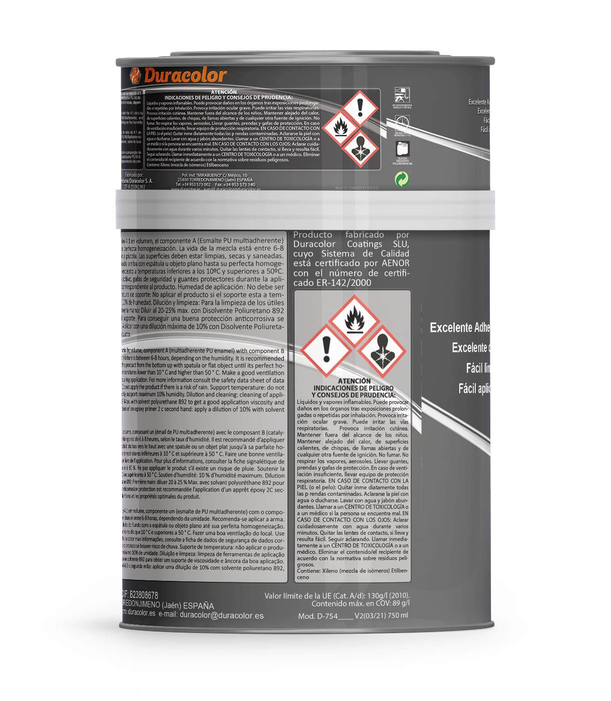 Esmalte al Poliuretano Multiadherente Satinado Duracolor | Pintura para Metales, Madera, Bañeras, Azulejos y Sanitarios | Resistente y Duradero (600 ml + 150 ml, Negro RAL 9005)