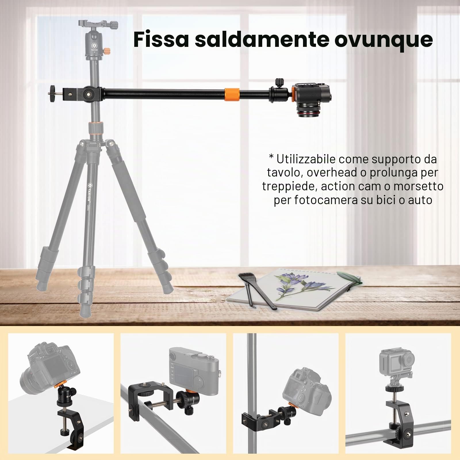 TARION C Supporto a morsetto Supporto da scrivania per fotocamera con testa a sfera e asta di prolunga regolabile da 33-60 cm per Vlogging Live Stream Photo Studio Light Photography Filming(TR-CS)