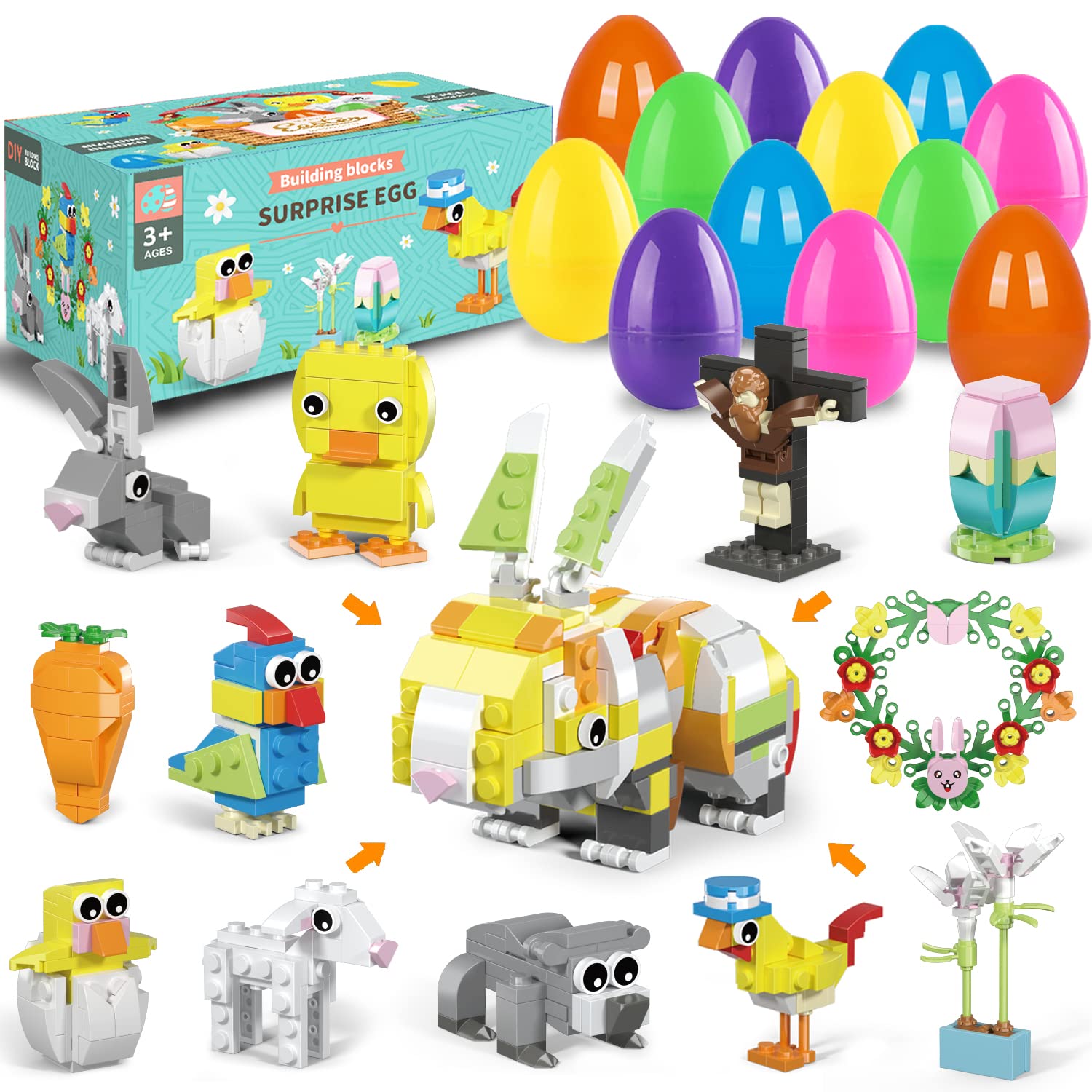 12 Pack Prefilled Easter Eggs with Easter Theme Building Blocks Small Toys for Easter Egg Fillers for Teens Kids Boys Girls Easter Christian Religious Basket Stuffers Classroom Favors Easter Egg Hunt Prizes Goodie Bag Fillers