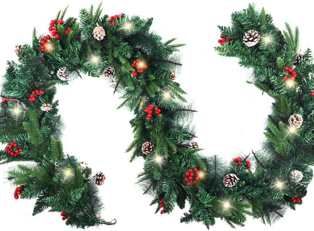 AGEOMET Christmas Garland with Lights 50 LED Pinecones Red Berries Garland, 9 Foot by 10 Inch, for Indoor/Outdoor Christmas Holiday Winter Decor