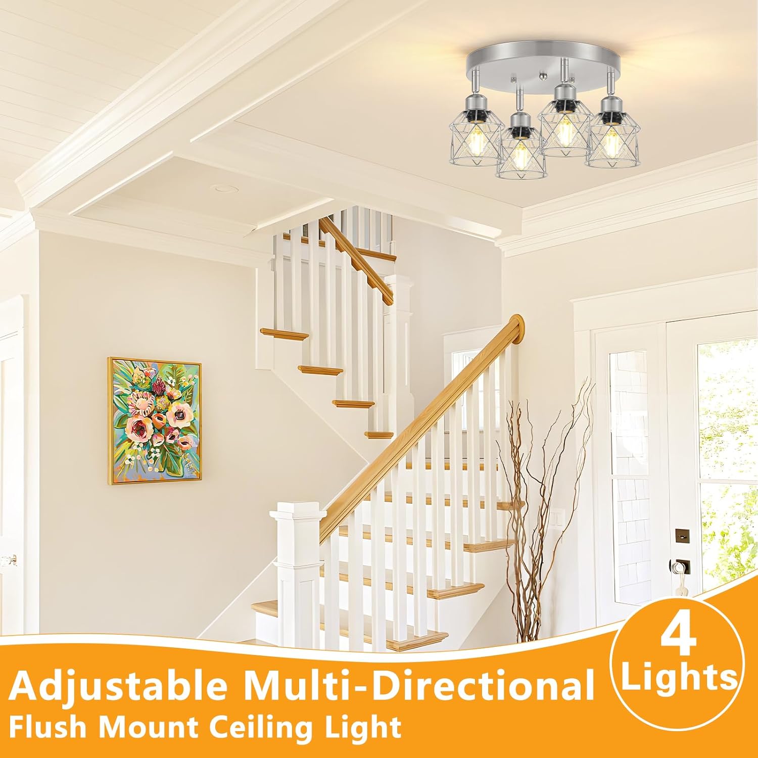 Baocuz 4-Light Brushed Nickel Kitchen Light Fixtures, Modern Hallway Light Fixtures Ceiling, Adjustable Multi-Directional Indoor Silver Metal Cage Close to Ceiling Lights for House Bedroom