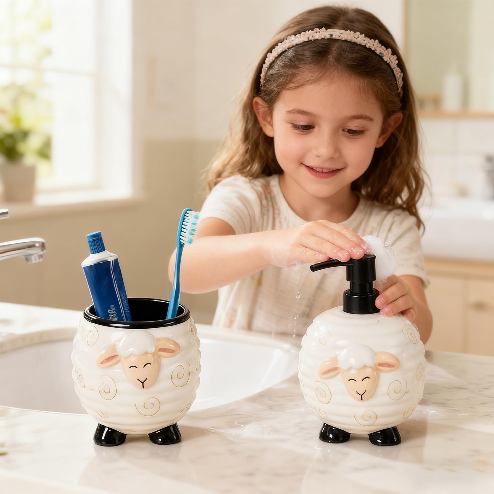 Portasapone E Portaspazzolini Set Portasapone In Ceramica A Forma Di Pecora | Set Portaspazzolini per Bagno per Casa, Hotel, Vacanza, Lavelli, Camera da , Festa, Compleanno