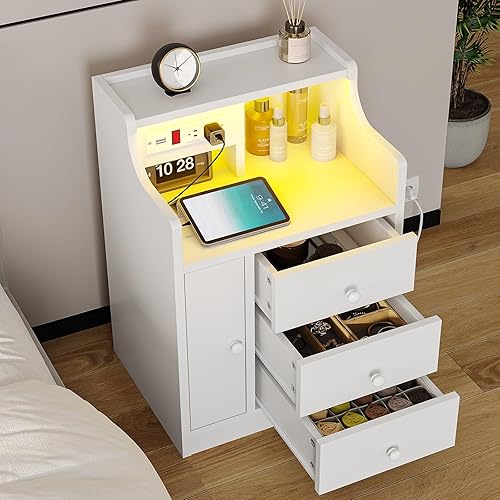 Miniatura 5 de Mesita de noche con estación de carga, mesitas de noche blancas con gabinete y luces LED, mesita de noche con 3 cajones, 2 tomas de corriente, 2