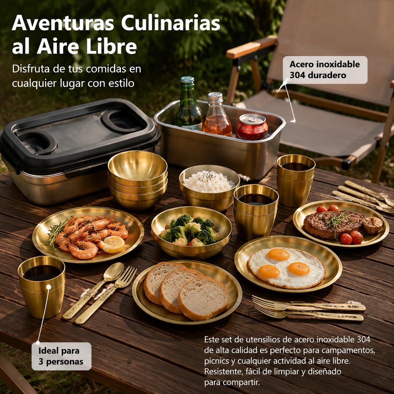 Goldfarbene Gabeln für Picknick, spülmaschinenfestes Campingbesteck, kompaktes Reisebesteck mit Tasche, goldenes Wanderbesteck Set, 3-Personen-Set, Gold