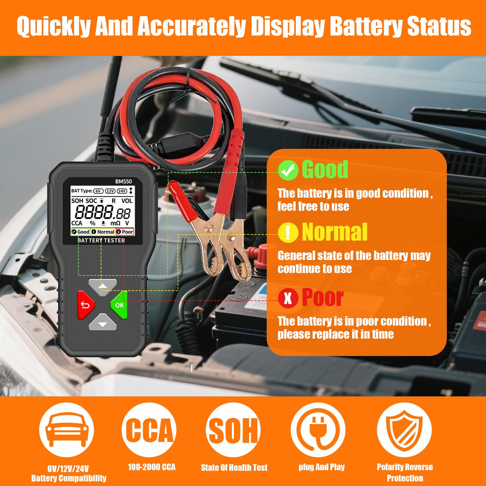 BM550 Testeur Batterie AUTO 6V 12V 24V, 100-2000 CCA 2-200Ah Testeur Alternateur Automobile, Système Détection Charge Voiture,Analyseur Batterie Numérique pour Voiture Camion Moto ATV SUV Bateau Yacht