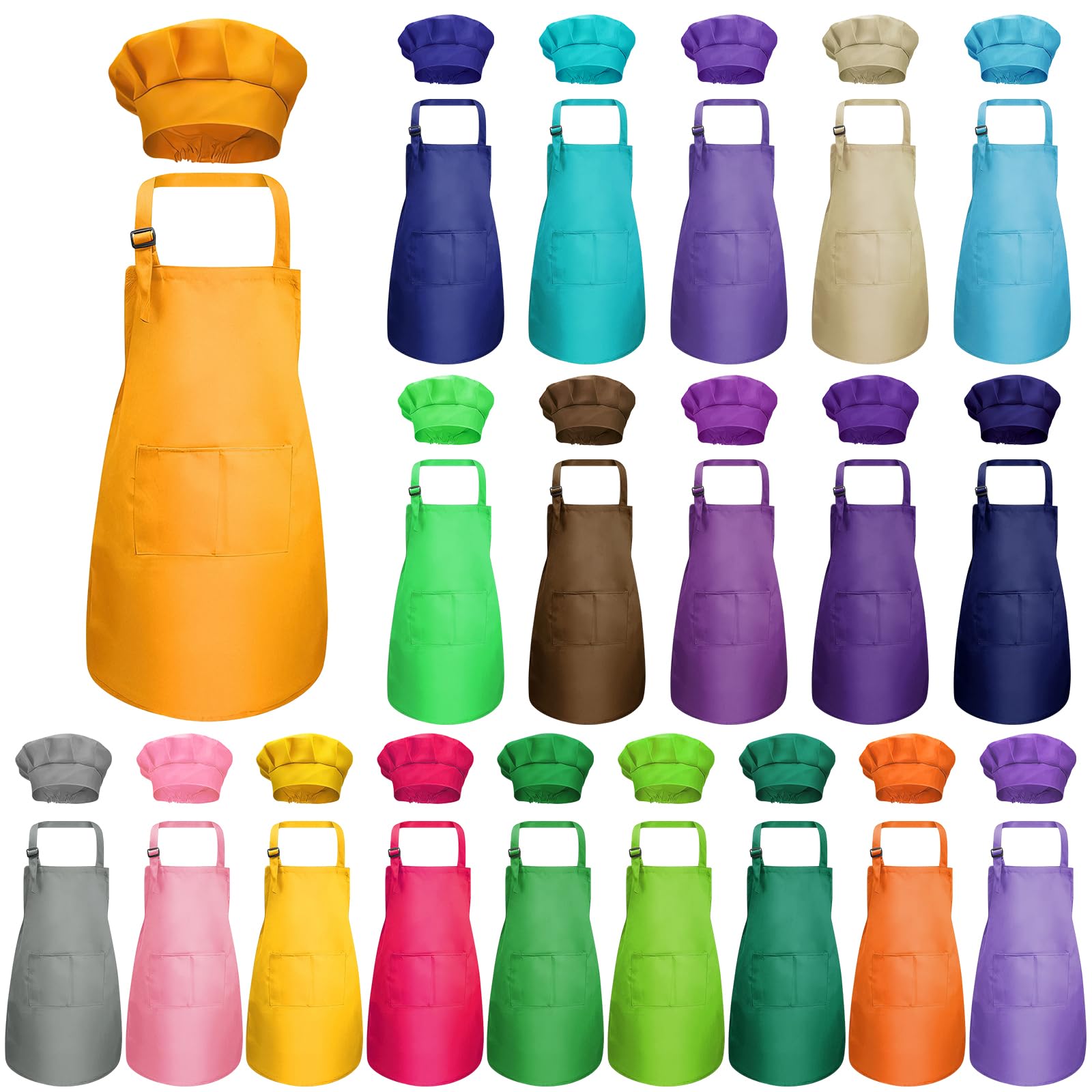 20 pack Kids Aprons for Baking, Children Aprons and Chef Hat, Children Adjustable Cooking Art Apron with Pocketed for Boys Girl's Kitchen Baking Painting Wear (20 colors, for 7-13 Age)
