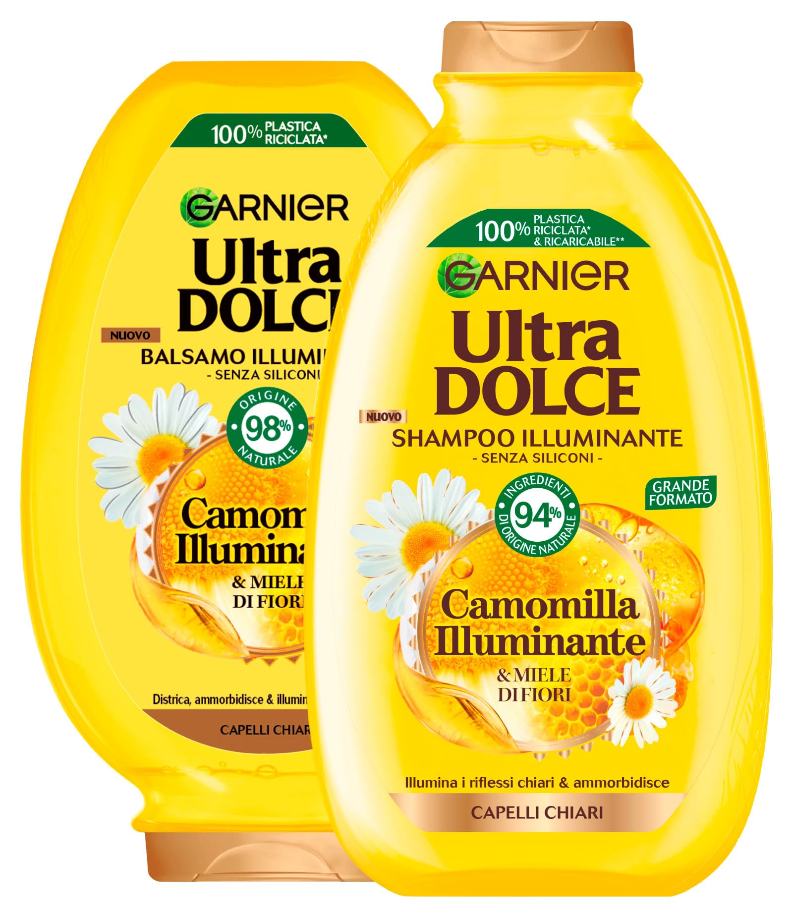 Garnier Ultra Dolce Shampoo + Balsamo Camomilla Illuminante Ammorbidente per Capelli Chiari con Miele di Fiori Idratante Districante Ammorbidente Protettivo Ingredienti di Origine Naturale - 2 Flaconi