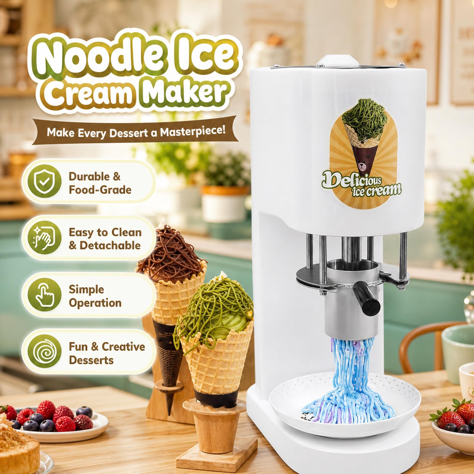 Macchina per Gelato Professionale, MáQuina para Hacer Helado Tipo Espagueti, Fácil manejo con una Sola Mano, Estructura Ligera, para Hacer Helado de Pasta, para Food Trucks White