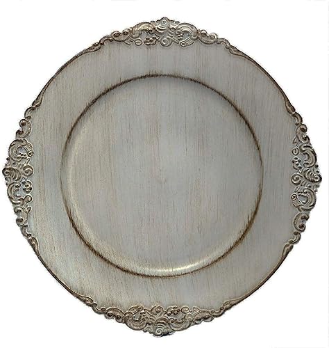 Tiger Chef 4 piezas 13 pulgadas Platos bajeros redondos Royal con acabado antiguo en blanco envejecido, juego de 2, 4, 6, 12 o 24 bajeros de cena,