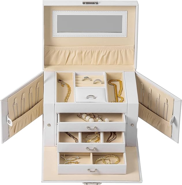 KILHS Jewelry Box, Jewelry Box With Lock Mirror And 3 Detachable Drawers, 4-Layer Large Space For Women And Girls Jewelry Storage Boxes, For Earrings, Rings, Necklaces, Bracelets