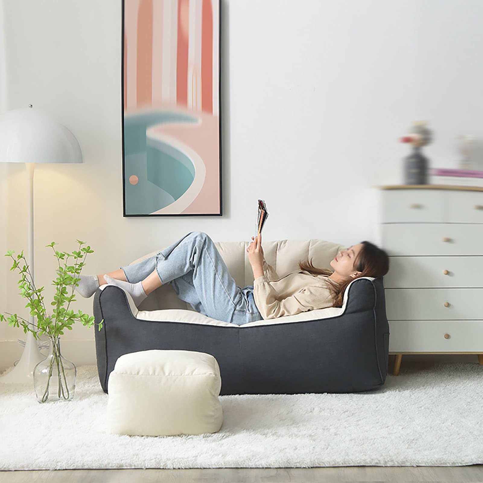 Nuovo Divano Pigro Doppio Pouf Pigro, Adatto per Giardino, Soggiorno, Camera da Letto, Beige