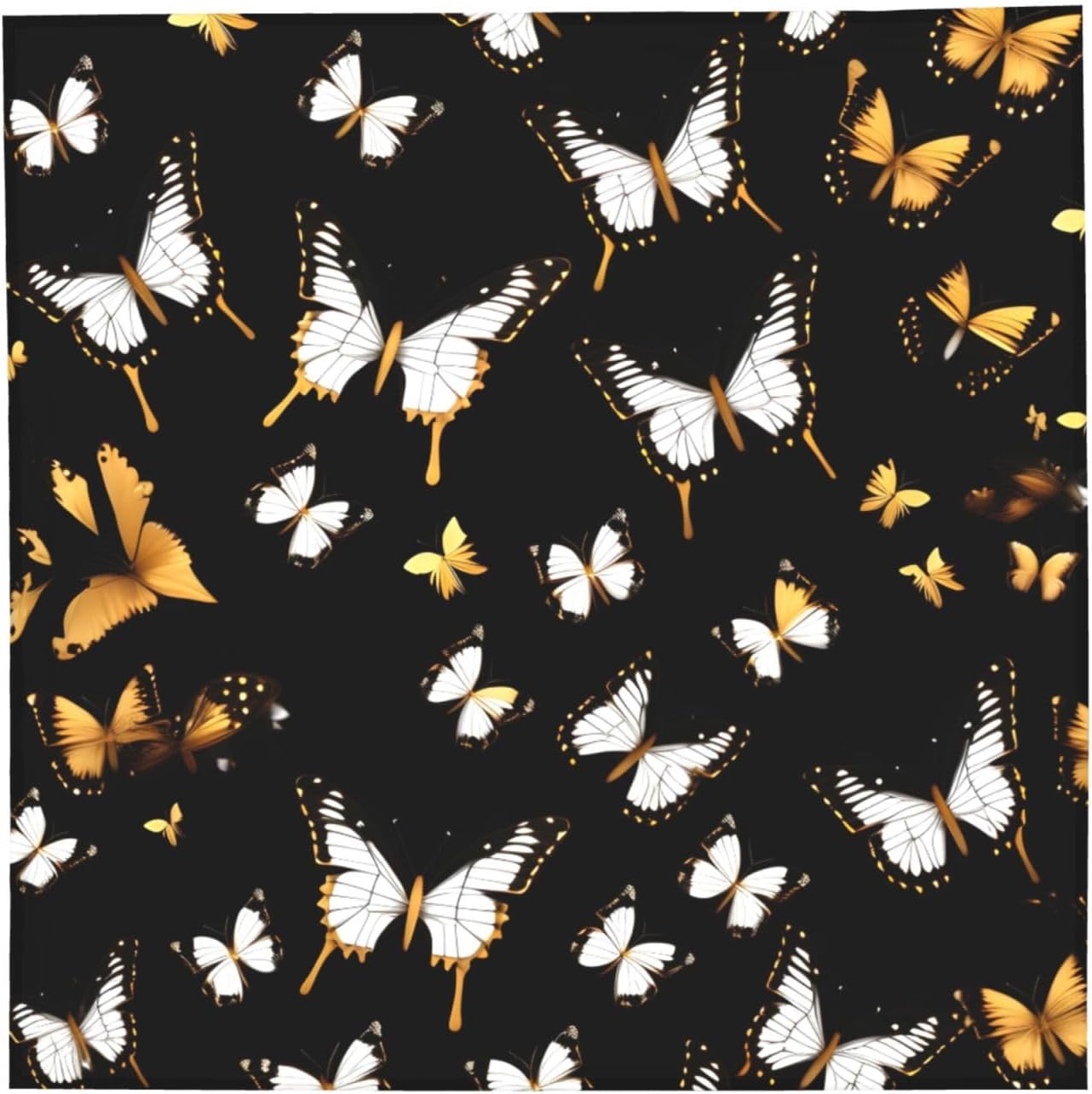 Gold White Butterflies Black Print For Women And Men Head Scarves Hair Bandanas Square Scarf Fashion Accessories Lightweight image 2