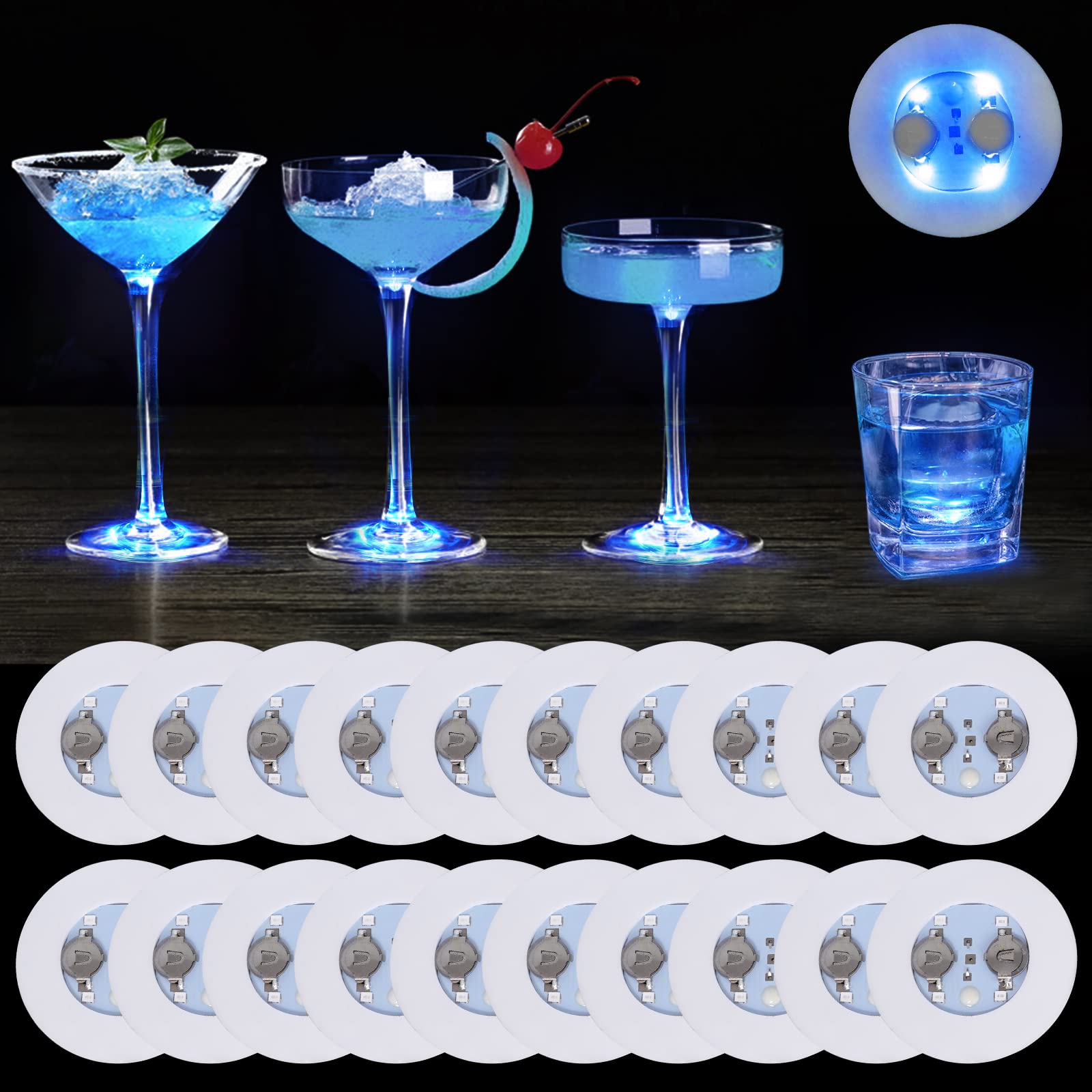 LOGUIDE LED Coaster,20 Pack LED Bottle Light LED Stickers,Light Up Coasters for Liquor Bottles for Drinks, Perfect for Party,Wedding,Bar (Blue)