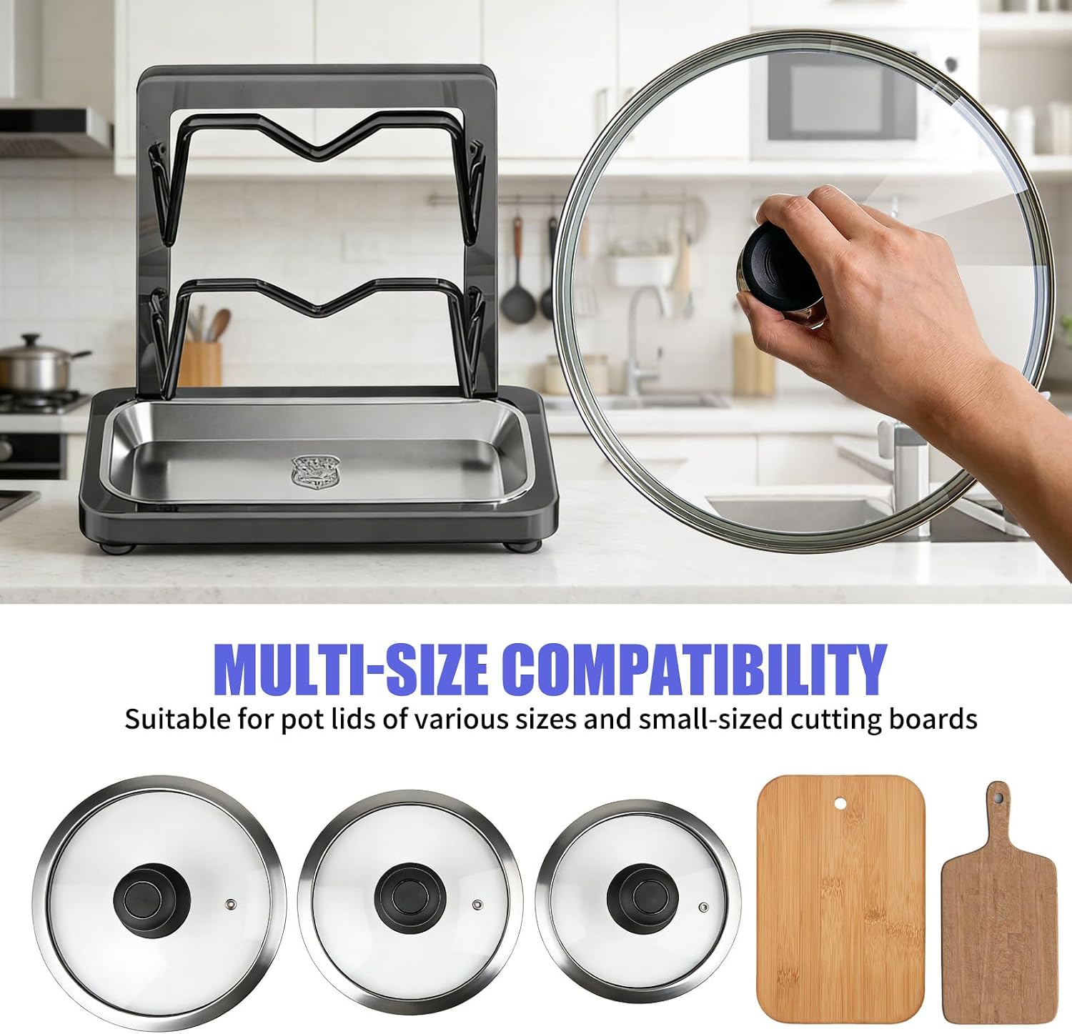 304 Stainless Steel Pot Lid Rack with Drip Tray & Spoon Rest, Double-Layer V-Shape Kitchen Lid Holder, Anti-Slip Suction Cup Countertop Organizer for Spatulas, Ladles & Large Lids