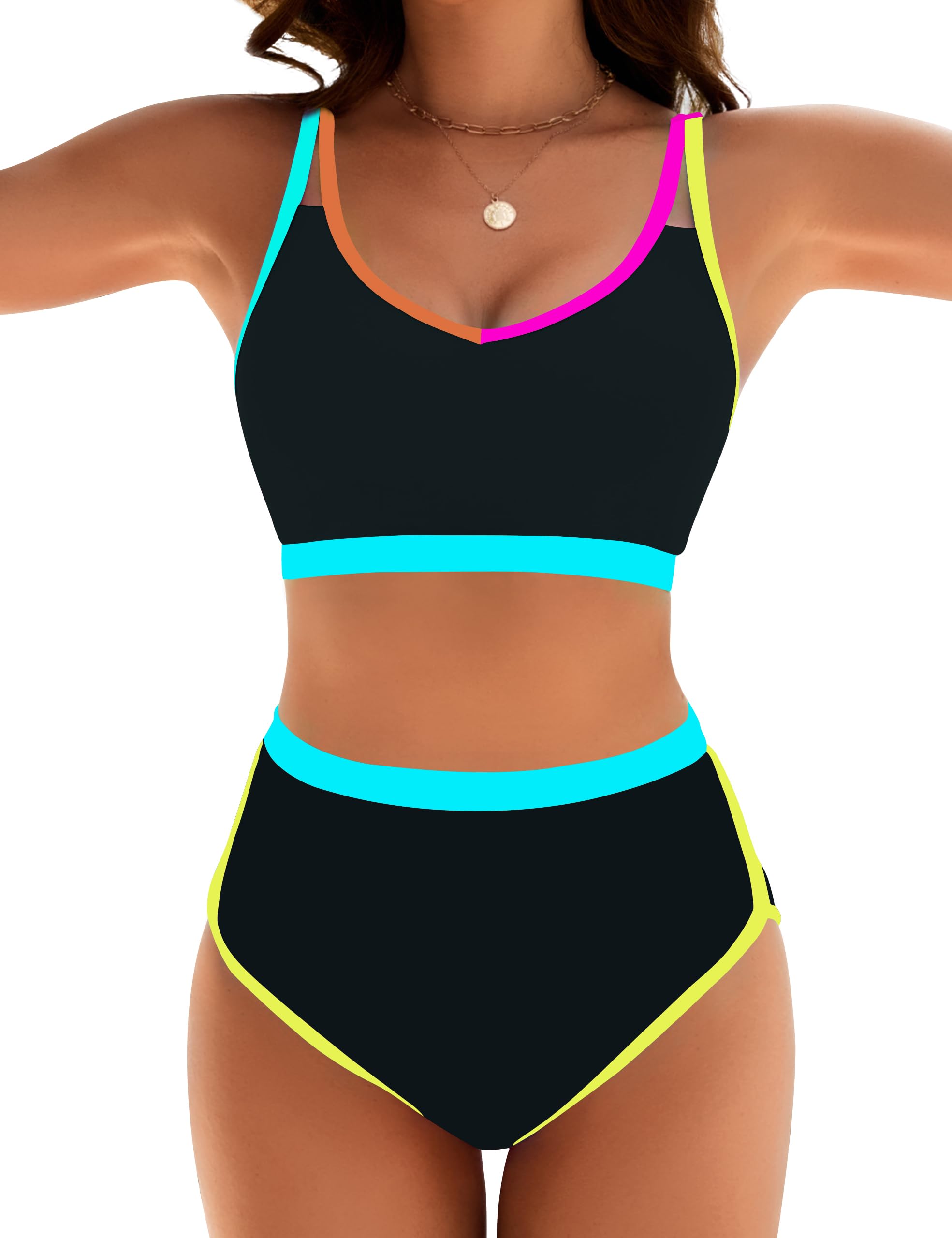 Blooming Jelly Womens High Waisted Bikini Sets Two Piece Swimsuits Modest Color Block Bathing Suits