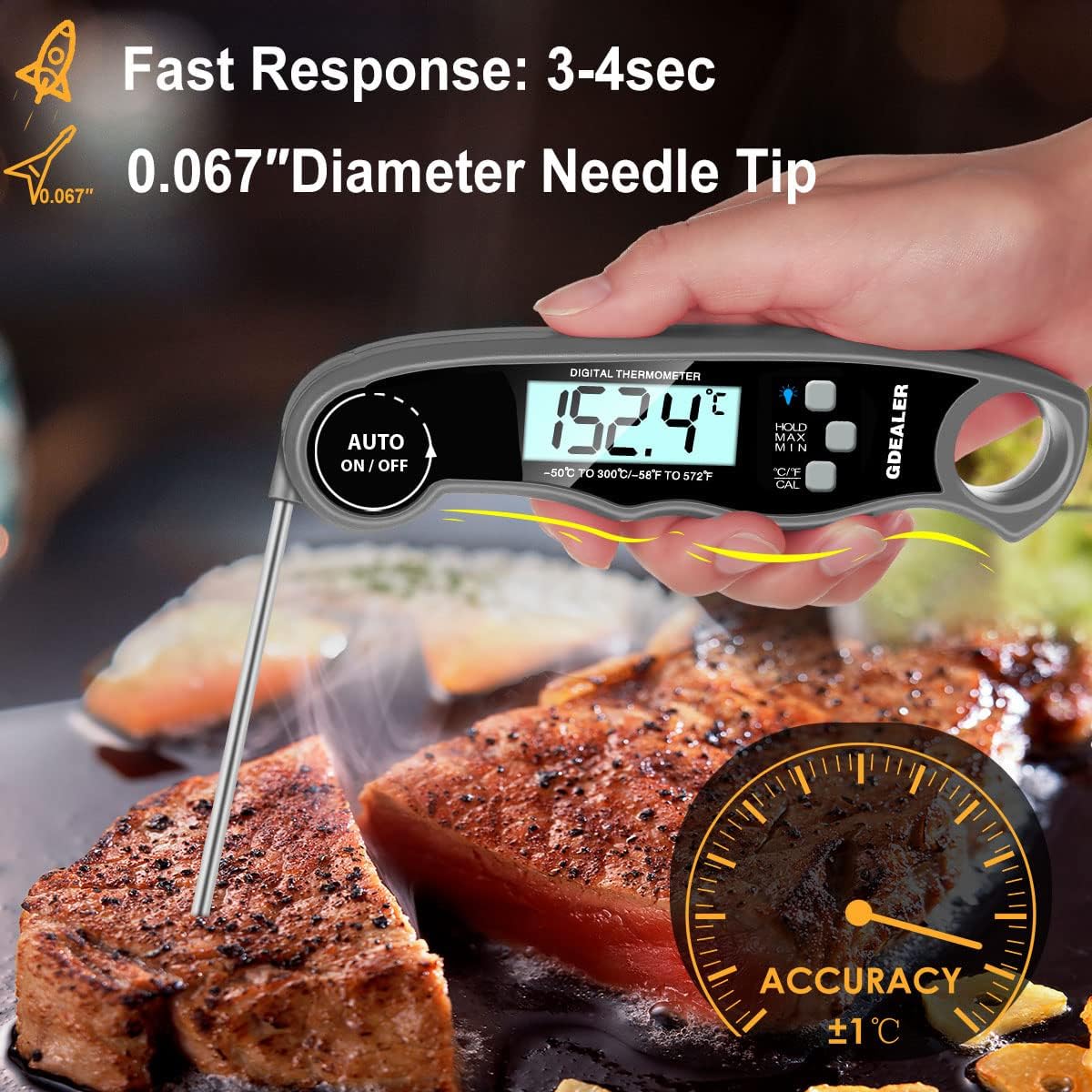 GDEALER DT09 Termometro digitale impermeabile a lettura istantanea per carne, ultra veloce, con sonda pieghevole da 11,7 cm, funzione di calibrazione per cucinare, caramelle, barbecue, fumatori