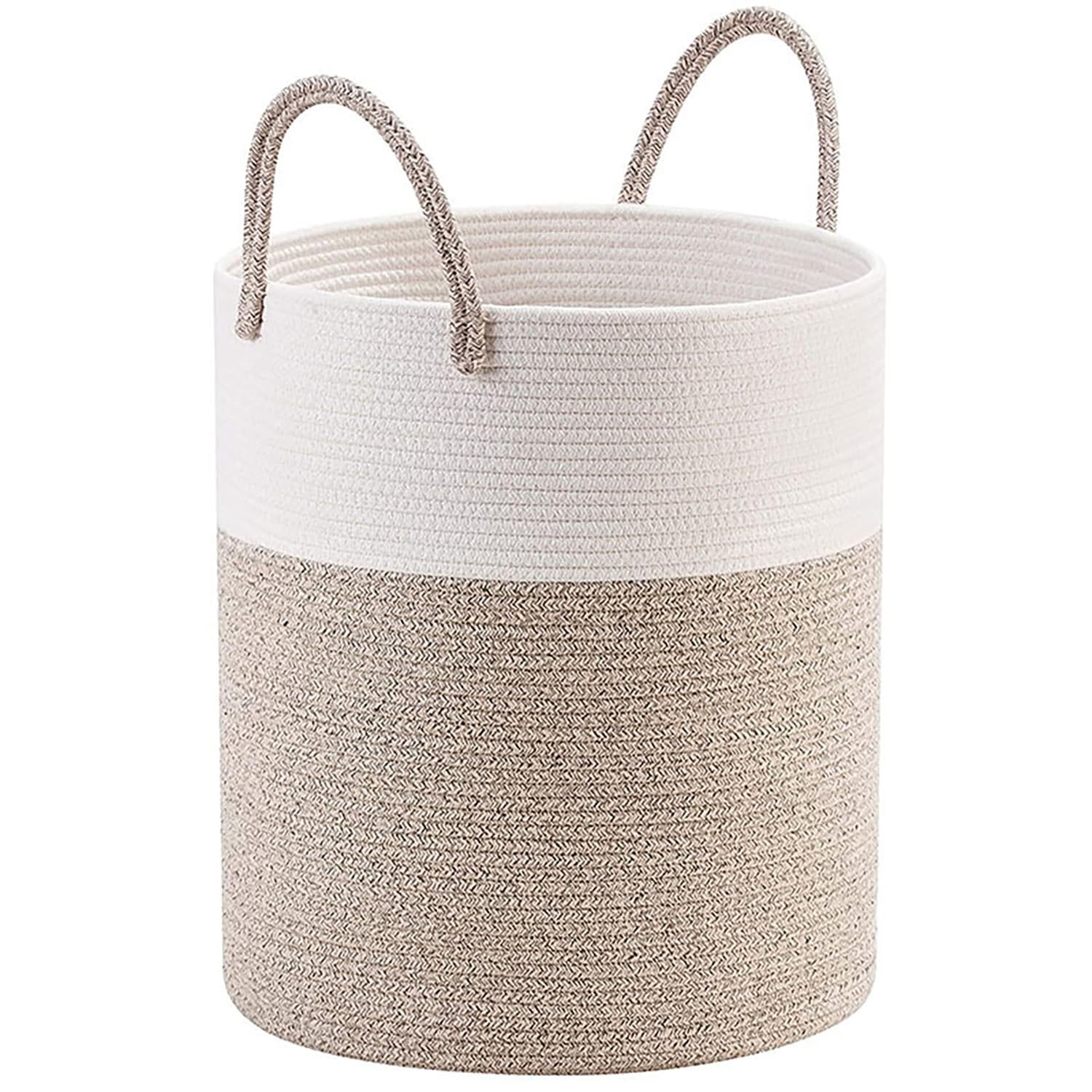 58L Cotton Rope Laundry Hamper, Woven Collapsible Laundry Basket-Clothes Storage Basket for Blankets, Laundry Room Organizing, Bedroom Storage (Brown&White)