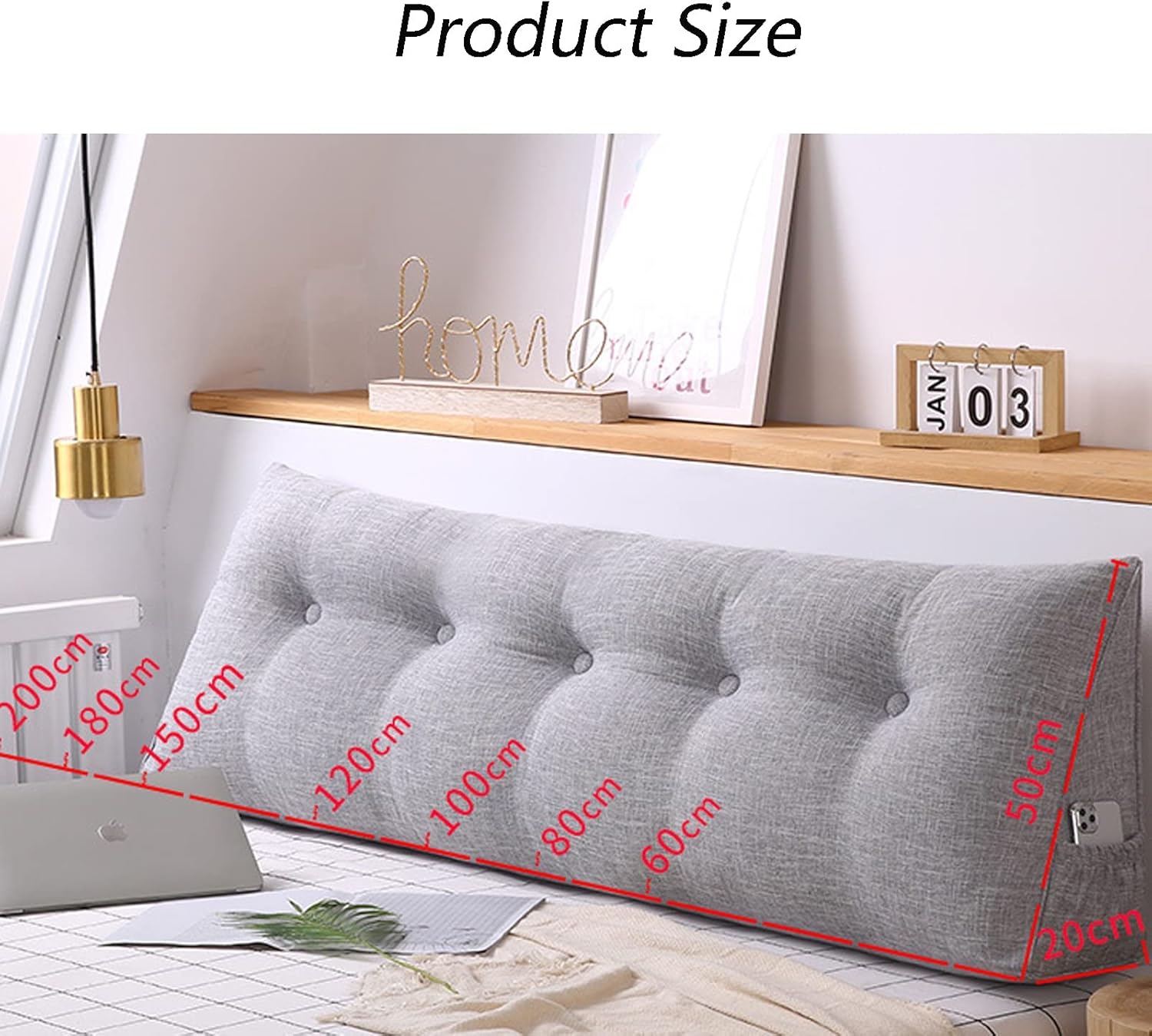 Triangular Reading Bed Rest Pillow, Cotton Linen Daybed Pillow Large Filled Triangular Soft Headboard Wedge Cushion,Headboard Backrest Wedge Pillow,D,80 x20 x50CM